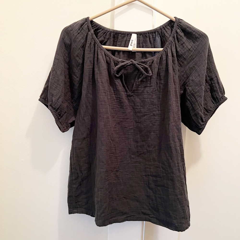 Pact Tie Front Top XS Organic Cotton Black Short Sleeve Casual Relaxed